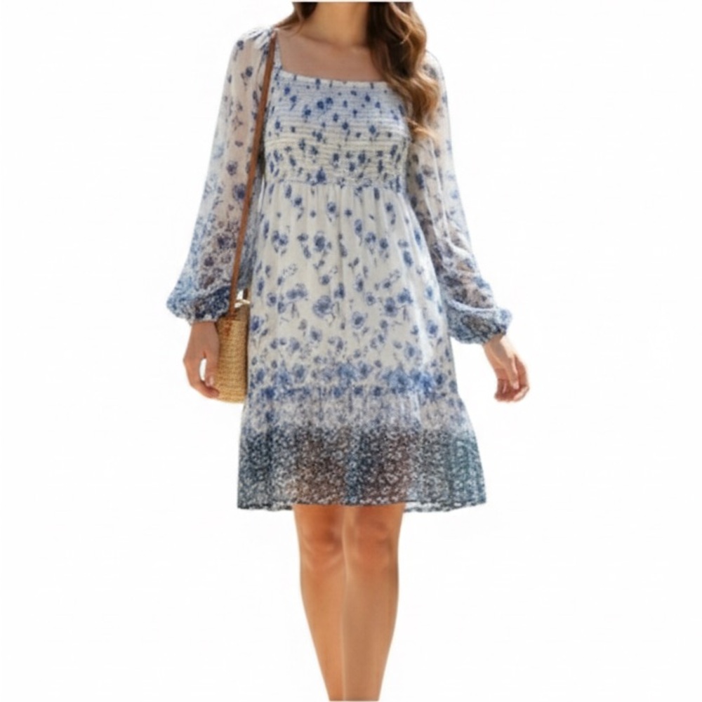 Gabby Skye US Sz 14 Floral Boho Midi Dress |Smocked Long Sheer Sleeve | Lined